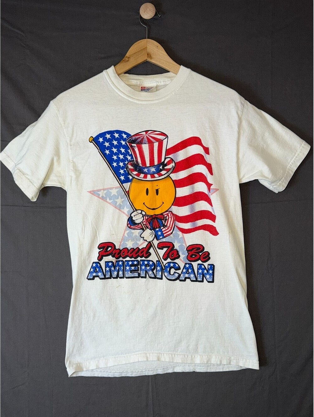 Hanes Heavyweight Adult Small Proud To Be American Graphic Tee USA Flag Vintage